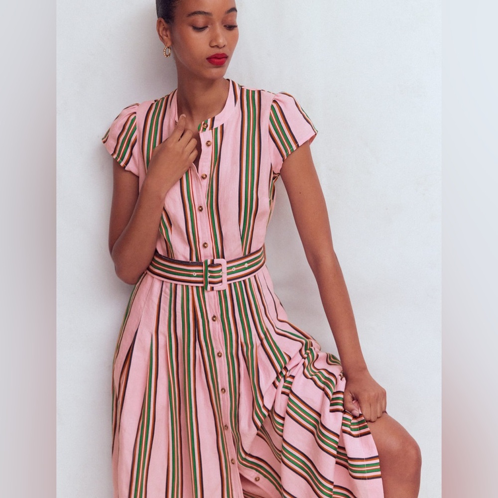 NWT Boden Arabella Linen Blend Dress in Pink Rich Emerald Stripe - Picture 3 of 13